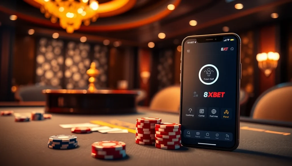 Exciting casino atmosphere while downloading the tải app 8xbet on a smartphone.