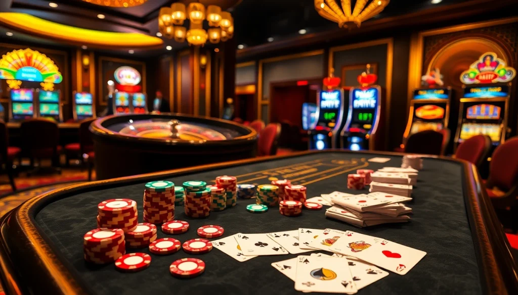 Experience thrilling gambling action at RIKVIP with vibrant casino tables and poker chips.