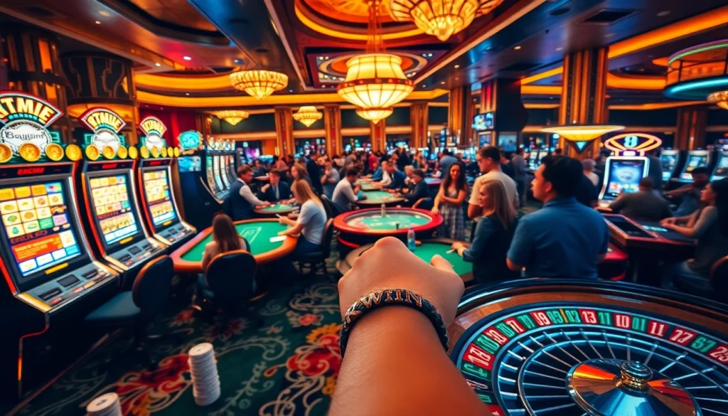 Kwin-themed casino game scene showcasing excitement at the blackjack and poker tables.