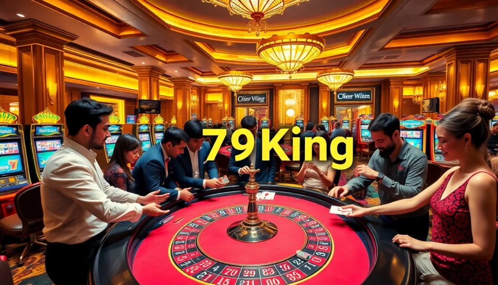 Experience the excitement of 79King with players at a roulette table in a luxurious casino setting.
