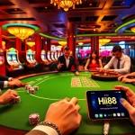 Hi88 players enjoying a vibrant casino environment with poker and roulette tables.