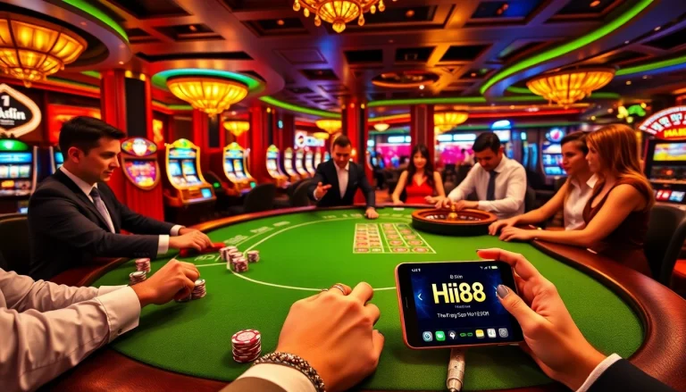 Hi88 players enjoying a vibrant casino environment with poker and roulette tables.