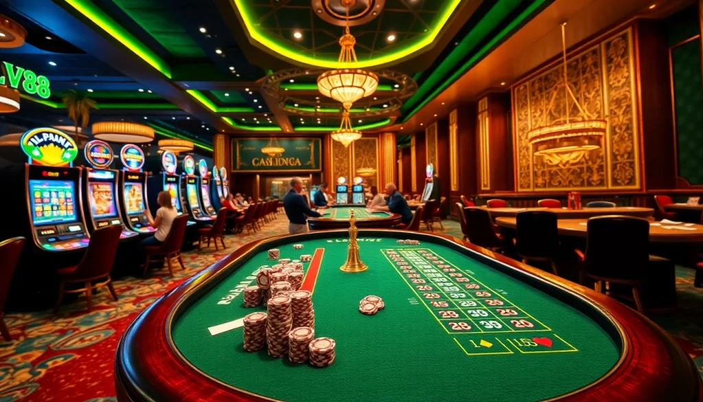 Players enjoying thrilling games at an LV88 online casino with vibrant tables and exciting gameplay.
