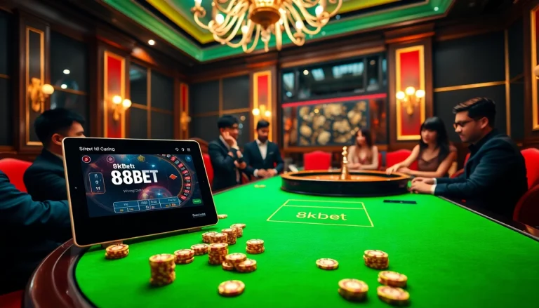 Experience the thrill of 8kbet đăng nhập as players engage at a premium casino table surrounded by excitement.