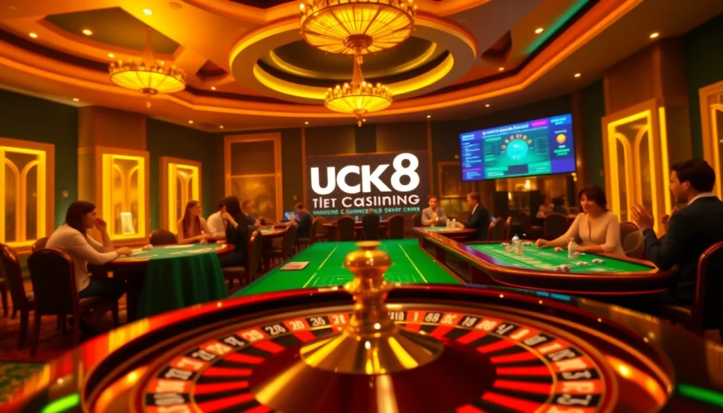 Luck8 online casino gaming scene featuring poker chips and a spinning roulette wheel.