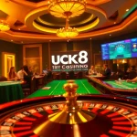 Luck8 online casino gaming scene featuring poker chips and a spinning roulette wheel.