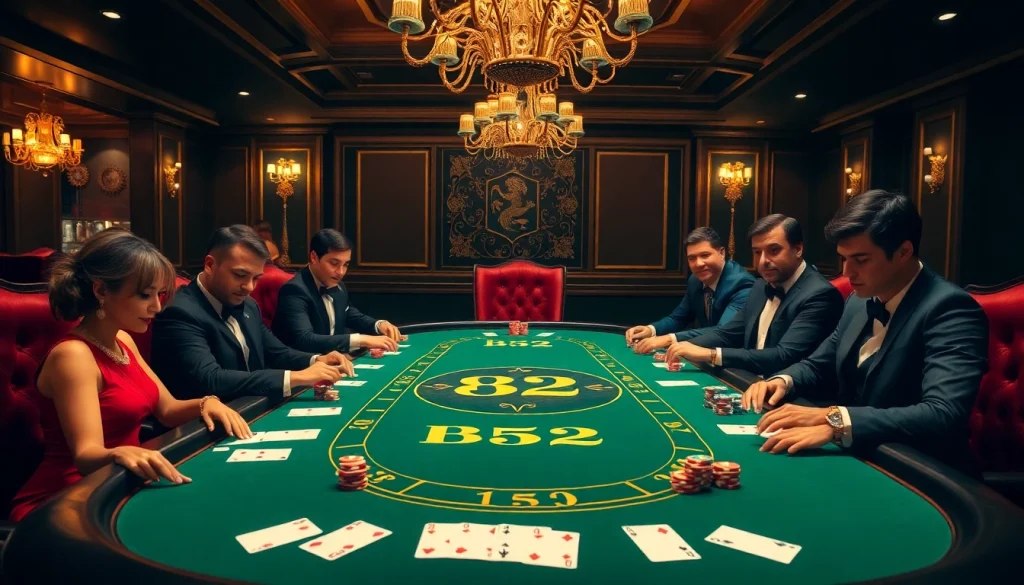 B52-themed high-stakes poker game with colorful chips and focused players.