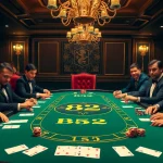 B52-themed high-stakes poker game with colorful chips and focused players.
