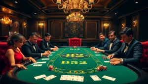 B52-themed high-stakes poker game with colorful chips and focused players.