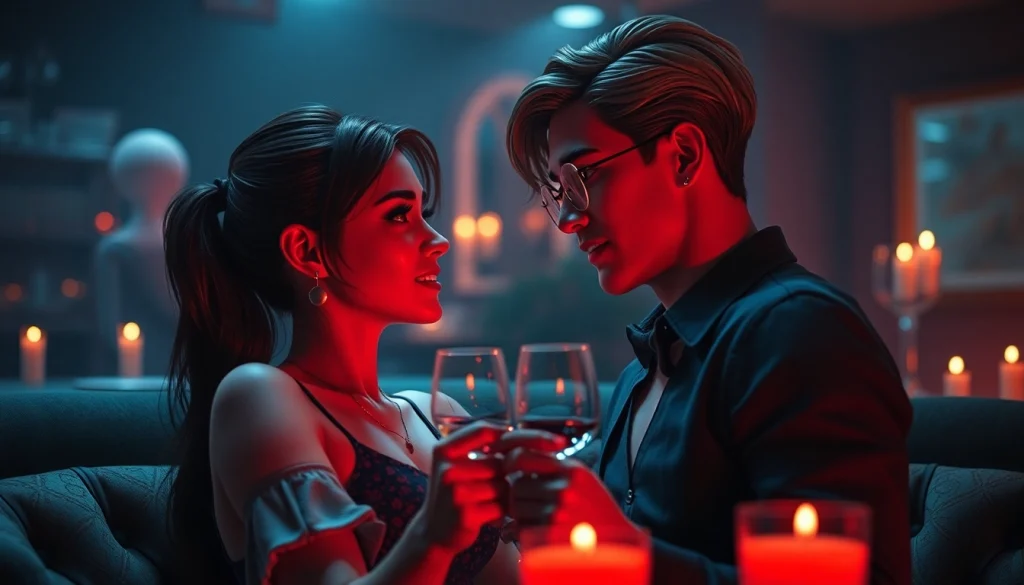 Engaging scene of nsfw roleplay with AI characters in a cozy, intimate lounge setting, showcasing playful interaction.