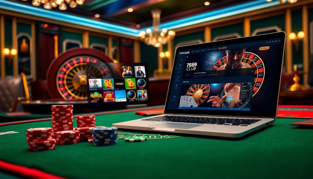 Experience the thrill of gambling at 789CLUB with vibrant casino visuals of poker chips and cards.