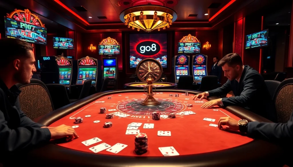 High-stakes poker players at a luxurious casino table representing go8 gaming strategies.