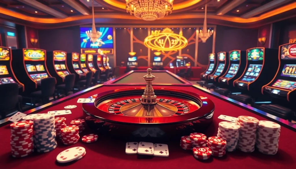 Experience thrilling gaming at rikvip.gb.net with vibrant casino tables, poker chips, and interactive roulette.