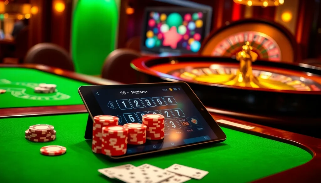 Engaging gamblers at an S8 table with vibrant poker chips and an inviting atmosphere.