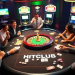 Players enjoying a lively game at the HITCLUB casino table amidst vibrant casino visuals.