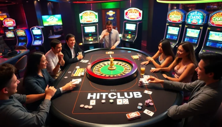 Players enjoying a lively game at the HITCLUB casino table amidst vibrant casino visuals.