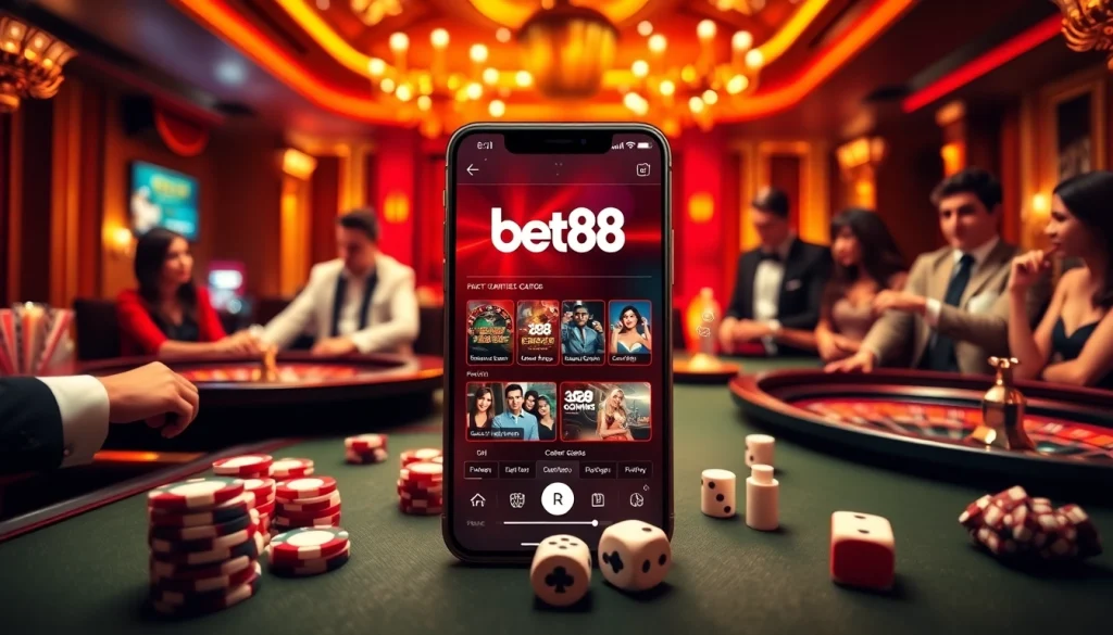 Bet88 app showcased on a smartphone amidst a vibrant casino scene with roulette wheel and chips.