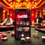 Bet88 app showcased on a smartphone amidst a vibrant casino scene with roulette wheel and chips.