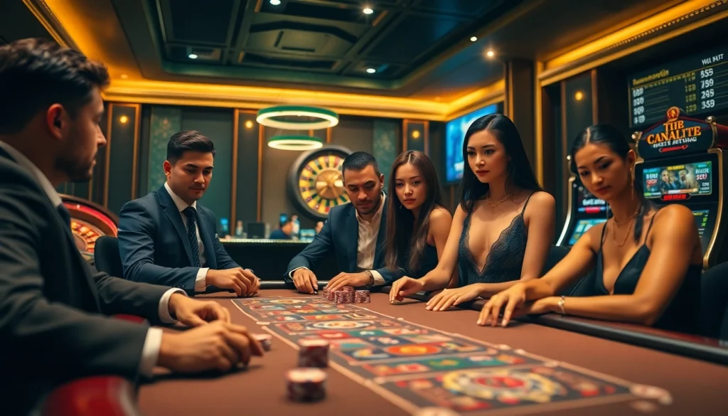 Excited players strategize over a poker table at https://tg88a.baby/ in a luxurious casino ambiance.