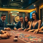 Excited players strategize over a poker table at https://tg88a.baby/ in a luxurious casino ambiance.