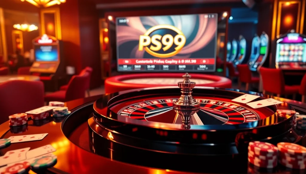 Experience thrill at PS99 with vibrant casino chips, roulette, and poker elements.