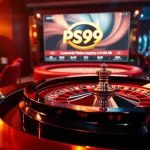Experience thrill at PS99 with vibrant casino chips, roulette, and poker elements.