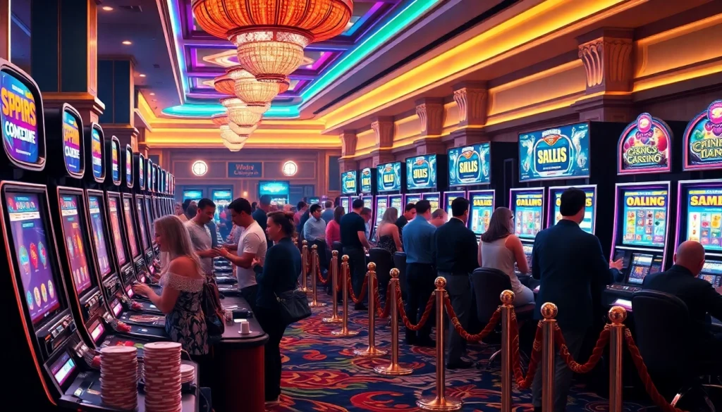 Pemain berinteraksi dengan mesin slot Depo 1K dalam atmosfer kasino yang hidup, menunjukkan kegembiraan dan kemewahan.