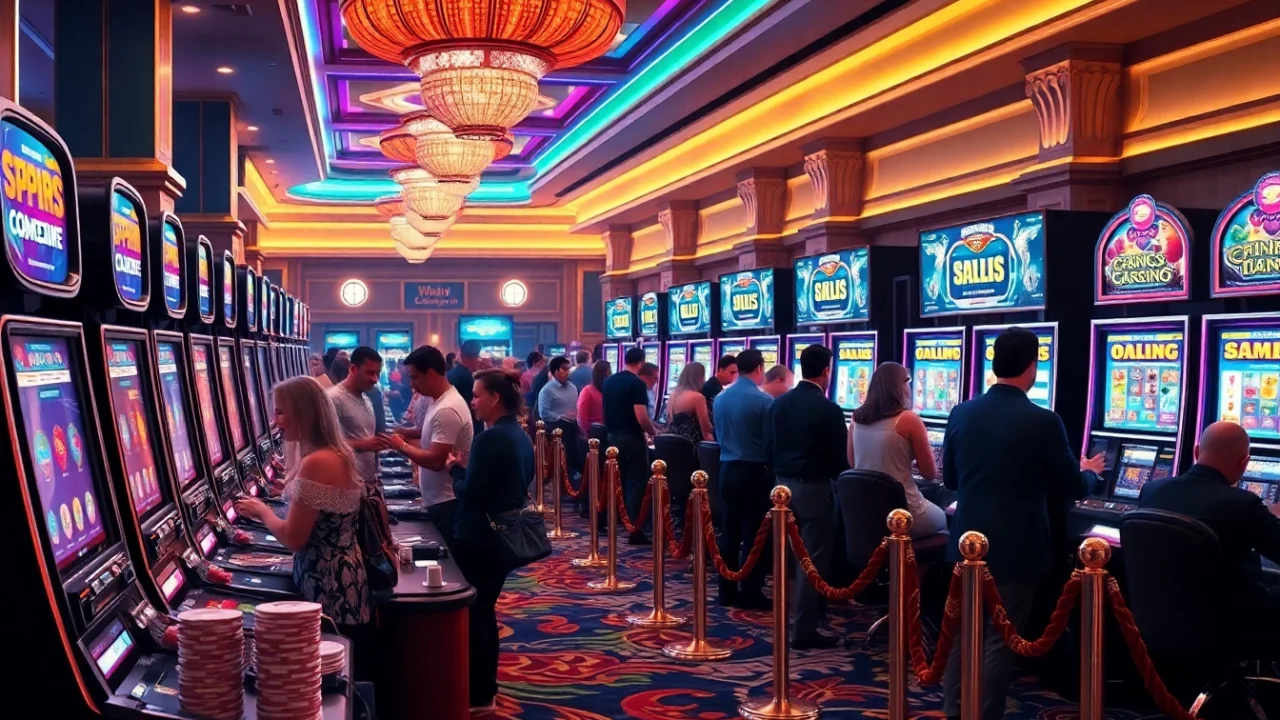 Pemain berinteraksi dengan mesin slot Depo 1K dalam atmosfer kasino yang hidup, menunjukkan kegembiraan dan kemewahan.