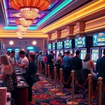 Pemain berinteraksi dengan mesin slot Depo 1K dalam atmosfer kasino yang hidup, menunjukkan kegembiraan dan kemewahan.