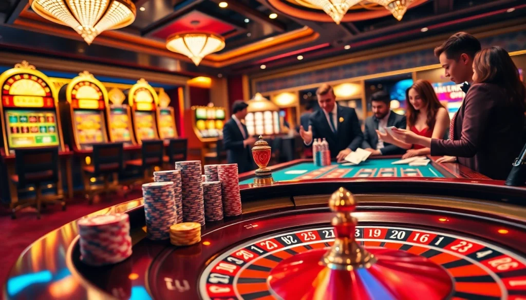 Vibrant casino scene showcasing nhà cái KK55 with roulette table, poker chips, and enthusiastic players.