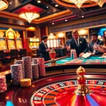 Vibrant casino scene showcasing nhà cái KK55 with roulette table, poker chips, and enthusiastic players.