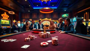 Fb88 online casino scene with poker chips and roulette wheel, capturing the excitement of gambling.