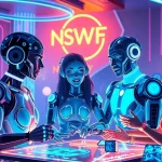 Engaging NSFW character AI interaction in a vibrant digital landscape with holographic elements.