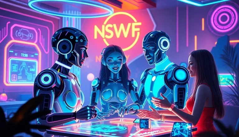 Engaging NSFW character AI interaction in a vibrant digital landscape with holographic elements.