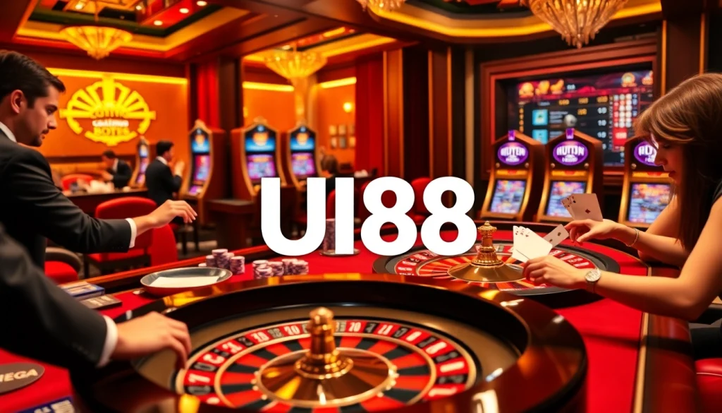 UU88 players enjoying an exhilarating poker game at a luxurious casino table.