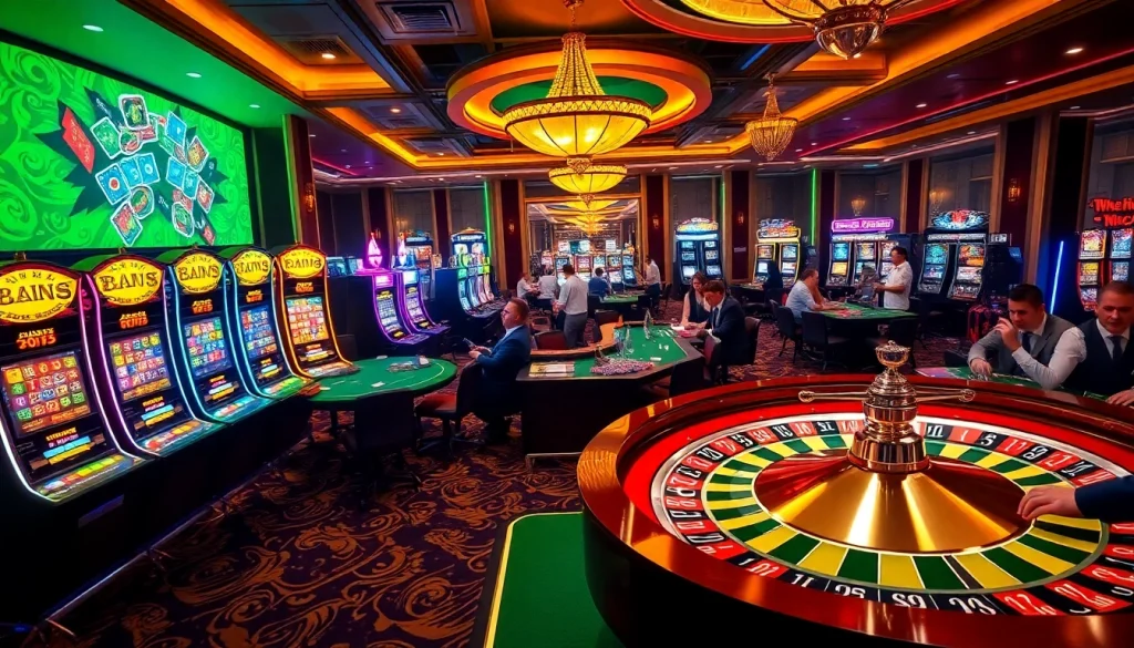 Players enjoying thrilling games at the b52club casino with vibrant slot machines and poker tables.