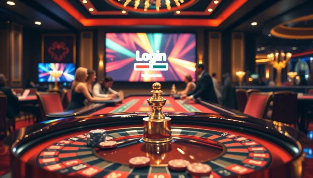 Login interface displayed prominently in a vibrant casino setting with roulette and poker tables.