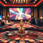 Login interface displayed prominently in a vibrant casino setting with roulette and poker tables.