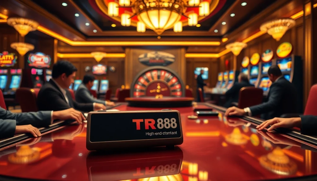 Experience a high-stakes game with TR88 poker tables and luxurious casino elements in the scene.