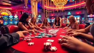 Players enjoying a high-stakes game at SODO66 casino, surrounded by vibrant poker chips and cards.