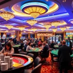 The excitement of khuyến mãi okfun captured in a lively casino scene filled with players at tables and slot machines.