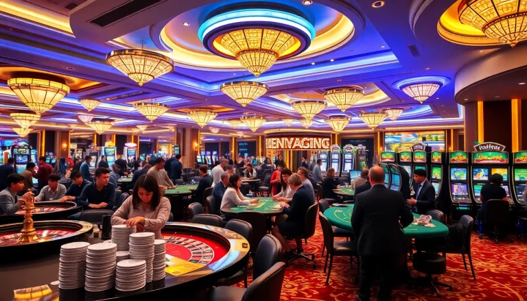 The excitement of khuyến mãi okfun captured in a lively casino scene filled with players at tables and slot machines.