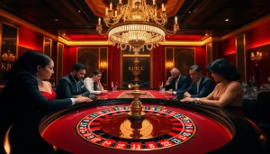 Players engaged in thrilling gameplay at KJC's luxurious roulette table in an upscale casino.