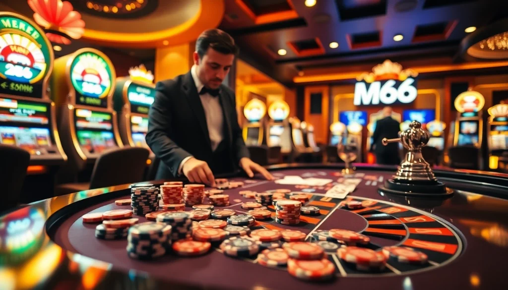 Exciting casino scene featuring roulette and poker elements showcasing MB66.