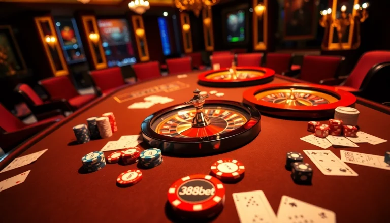 Engage in thrilling gameplay at 388bet with vibrant poker chips and a roulette wheel.