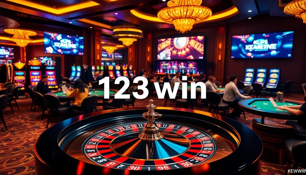 Engage in high-stakes gambling at 123win with vibrant lights and luxury casino visuals.