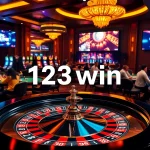 Engage in high-stakes gambling at 123win with vibrant lights and luxury casino visuals.