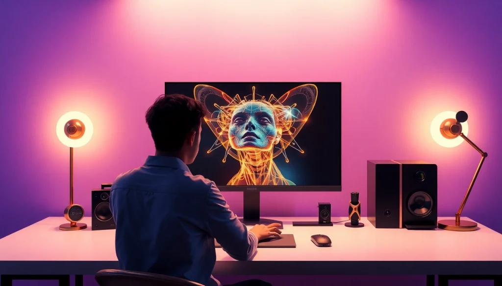 AI NSFW image generator in a sleek modern workspace with photorealistic visuals.