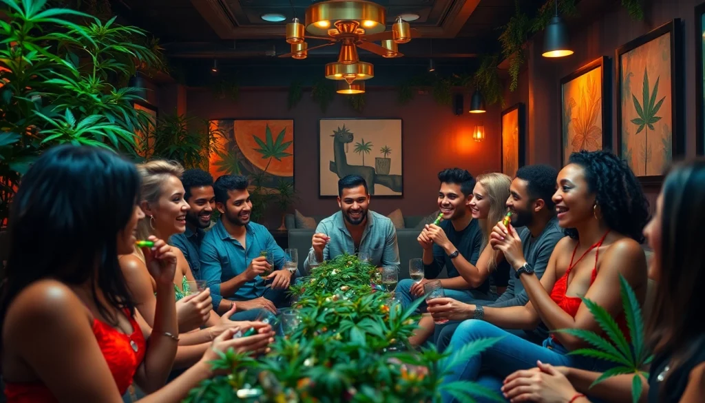 Guests enjoying a welcoming atmosphere at Club Cannabis Madrid, surrounded by lush greenery and modern decor.