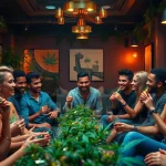 Guests enjoying a welcoming atmosphere at Club Cannabis Madrid, surrounded by lush greenery and modern decor.